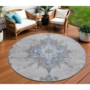 Photo of 8' Silver And Blue Round Medallion Washable Indoor Outdoor Area Rug