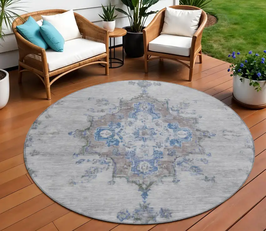 8' Silver And Blue Round Medallion Washable Indoor Outdoor Area Rug Photo 1