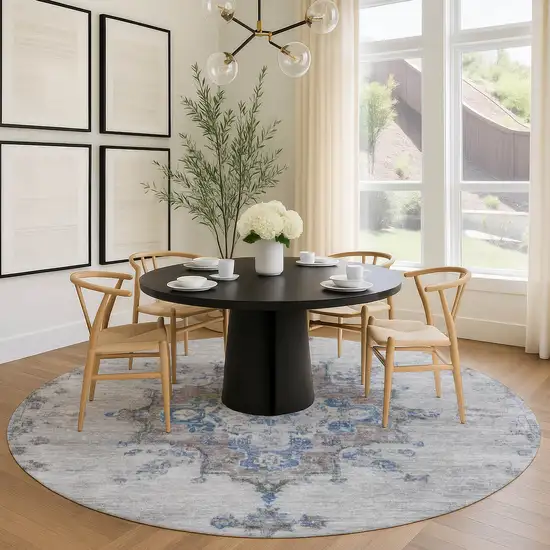 8' Silver And Blue Round Medallion Washable Indoor Outdoor Area Rug Photo 9