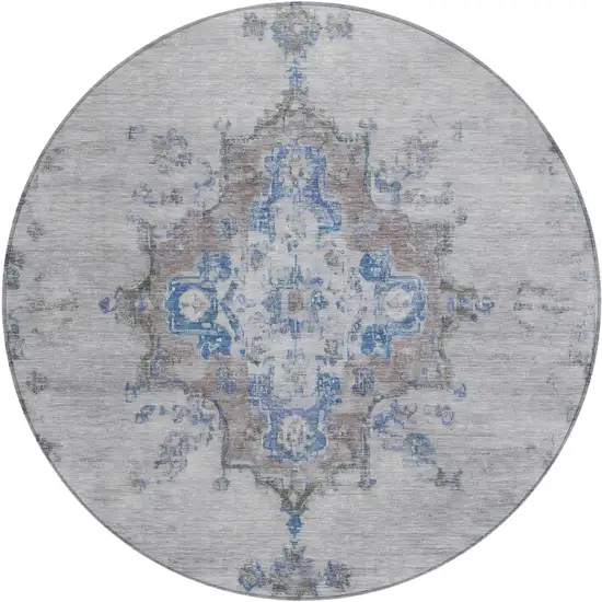 8' Silver And Blue Round Medallion Washable Indoor Outdoor Area Rug Photo 2
