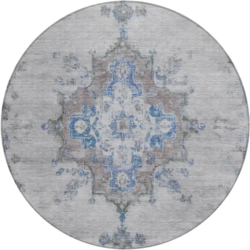 8' Silver And Blue Round Medallion Washable Indoor Outdoor Area Rug Photo 2