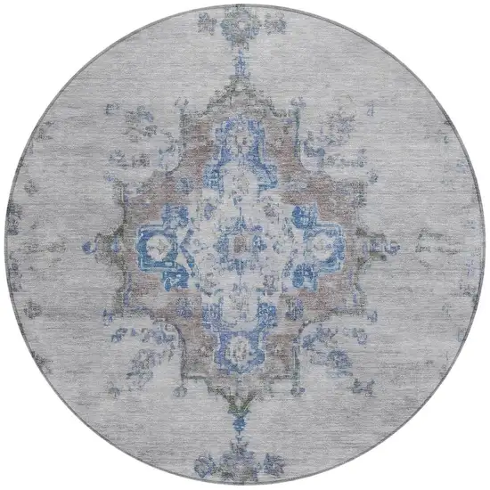 8' Silver And Blue Round Medallion Washable Indoor Outdoor Area Rug Photo 4