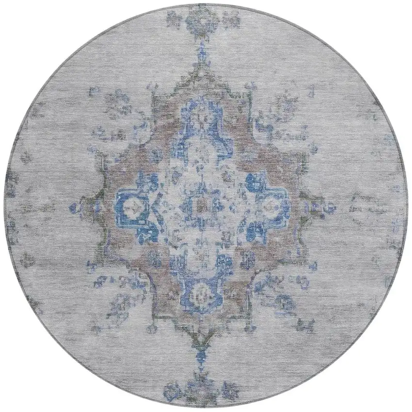 8' Silver And Blue Round Medallion Washable Indoor Outdoor Area Rug Photo 4
