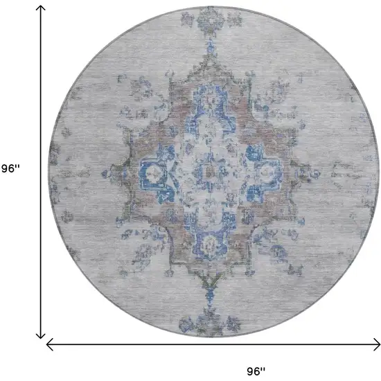 8' Silver And Blue Round Medallion Washable Indoor Outdoor Area Rug Photo 3