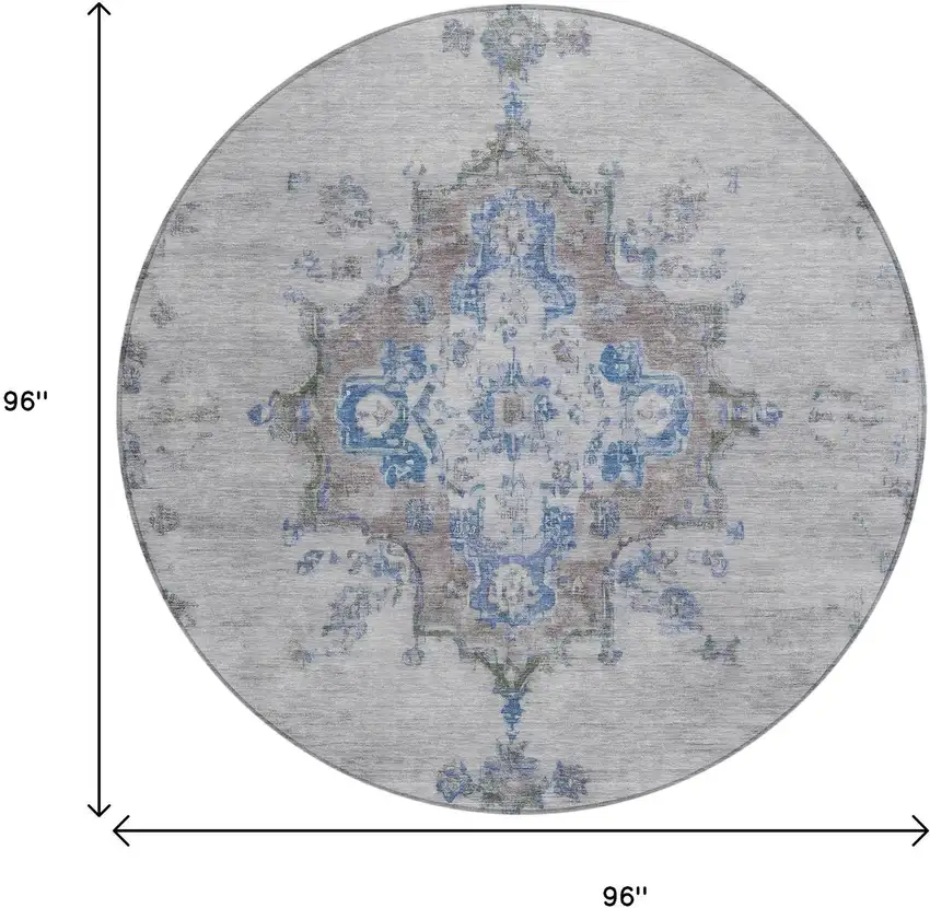 8' Silver And Blue Round Medallion Washable Indoor Outdoor Area Rug Photo 3