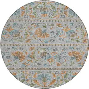 Photo of 8' Silver And Brown Round Floral Washable Indoor Outdoor Area Rug