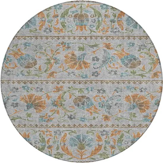 8' Silver And Brown Round Floral Washable Indoor Outdoor Area Rug Photo 1