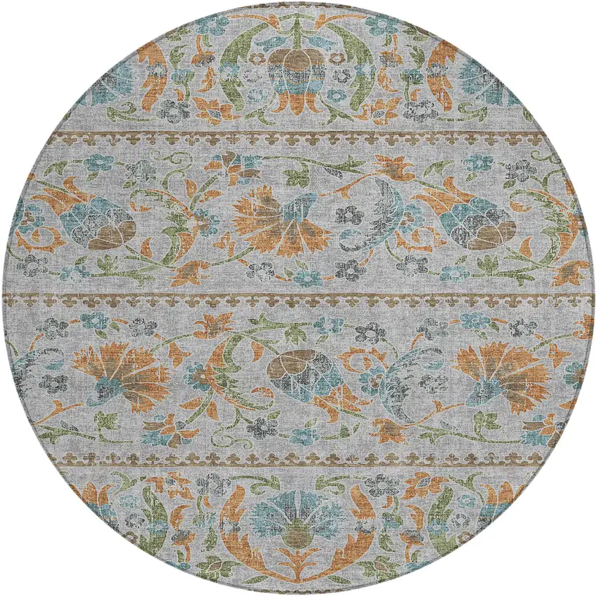 8' Silver And Brown Round Floral Washable Indoor Outdoor Area Rug Photo 1