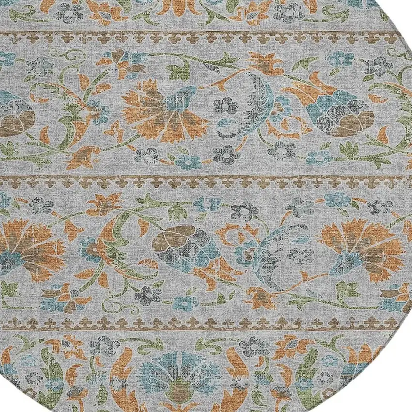 8' Silver And Brown Round Floral Washable Indoor Outdoor Area Rug Photo 2