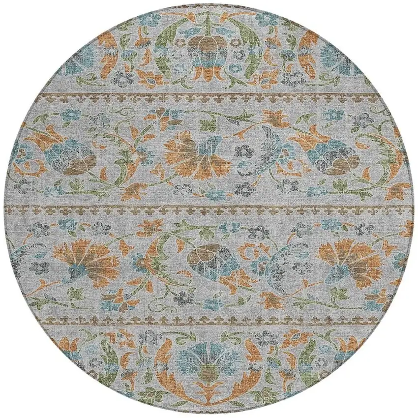 8' Silver And Brown Round Floral Washable Indoor Outdoor Area Rug Photo 3