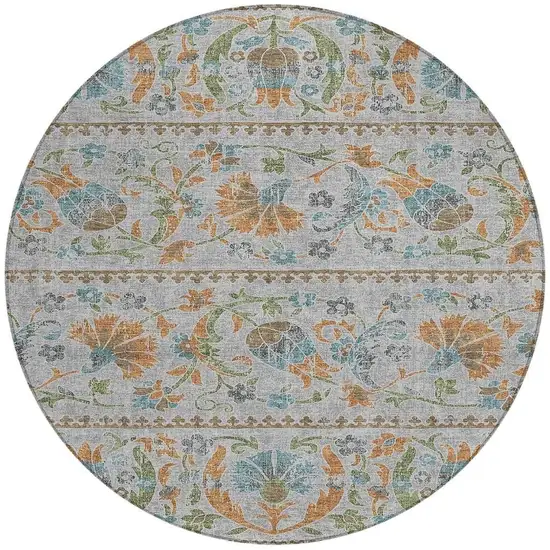 8' Silver And Brown Round Floral Washable Indoor Outdoor Area Rug Photo 3