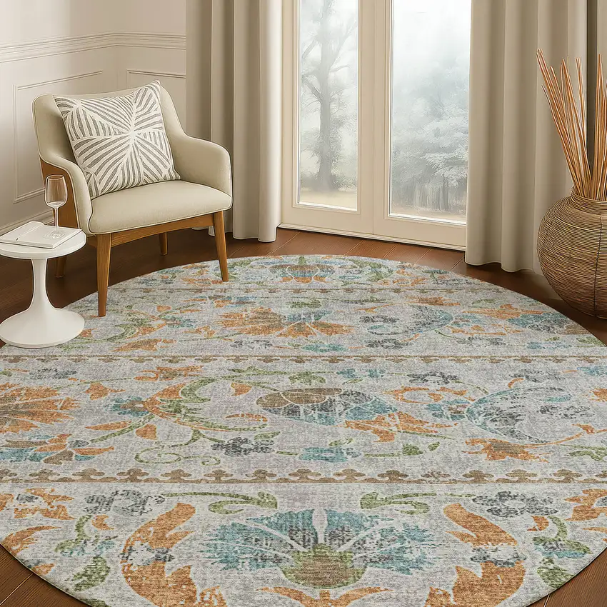 8' Silver And Brown Round Floral Washable Indoor Outdoor Area Rug Photo 5