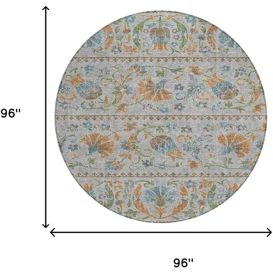 8' Silver And Brown Round Floral Washable Indoor Outdoor Area Rug Photo 8