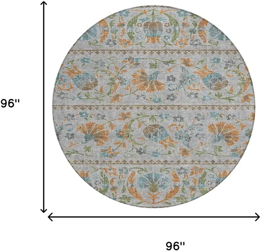 8' Silver And Brown Round Floral Washable Indoor Outdoor Area Rug Photo 8