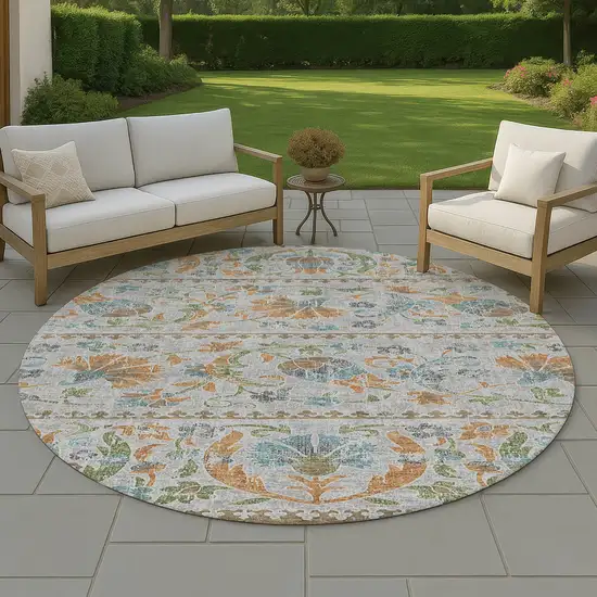 8' Silver And Brown Round Floral Washable Indoor Outdoor Area Rug Photo 4