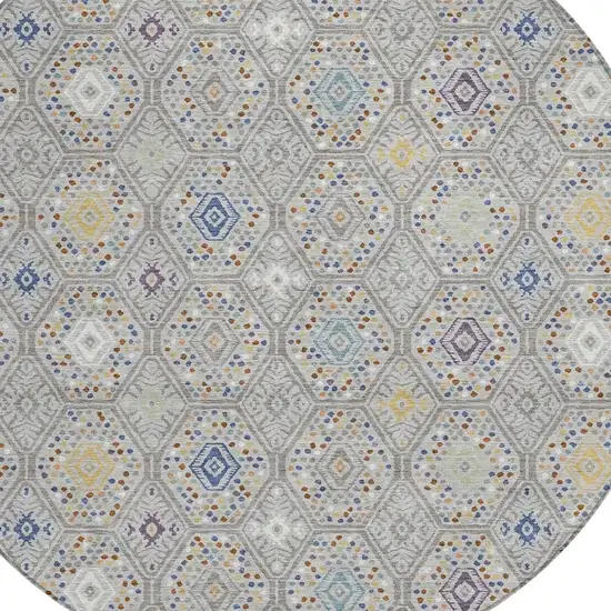 8' Silver And Brown Round Geometric Washable Indoor Outdoor Area Rug Photo 2