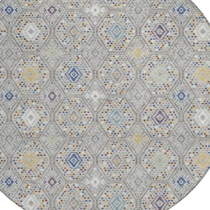 8' Silver And Brown Round Geometric Washable Indoor Outdoor Area Rug Photo 2