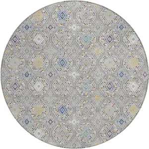 Photo of 8' Silver And Brown Round Geometric Washable Indoor Outdoor Area Rug