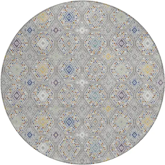8' Silver And Brown Round Geometric Washable Indoor Outdoor Area Rug Photo 1