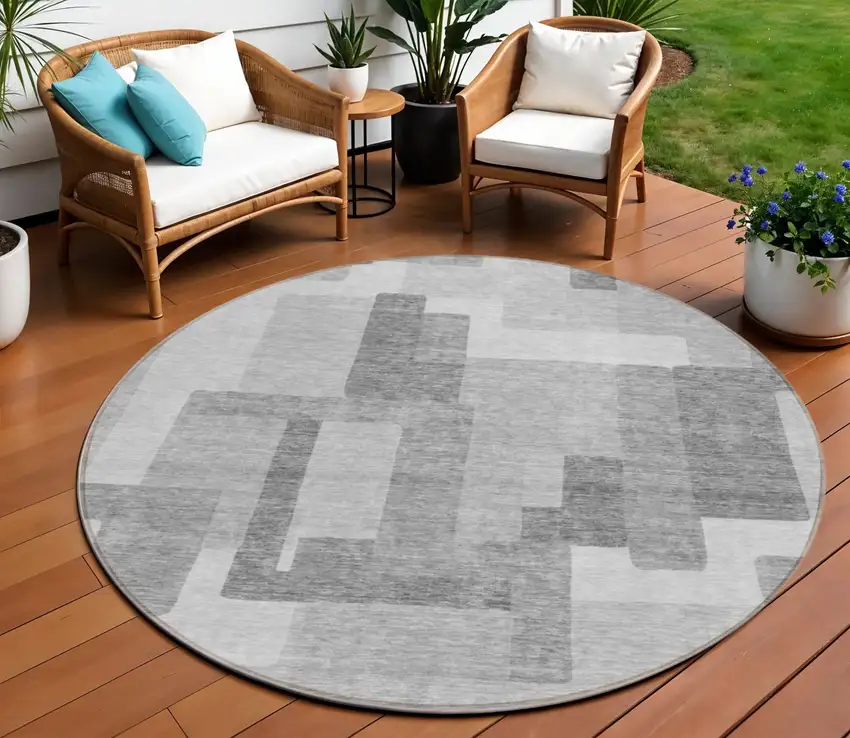 8' Silver And Charcoal Round Abstract Washable Indoor Outdoor Area Rug Photo 1