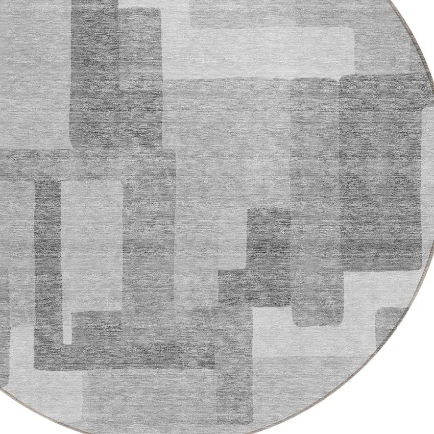 8' Silver And Charcoal Round Abstract Washable Indoor Outdoor Area Rug Photo 4