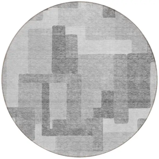 8' Silver And Charcoal Round Abstract Washable Indoor Outdoor Area Rug Photo 5