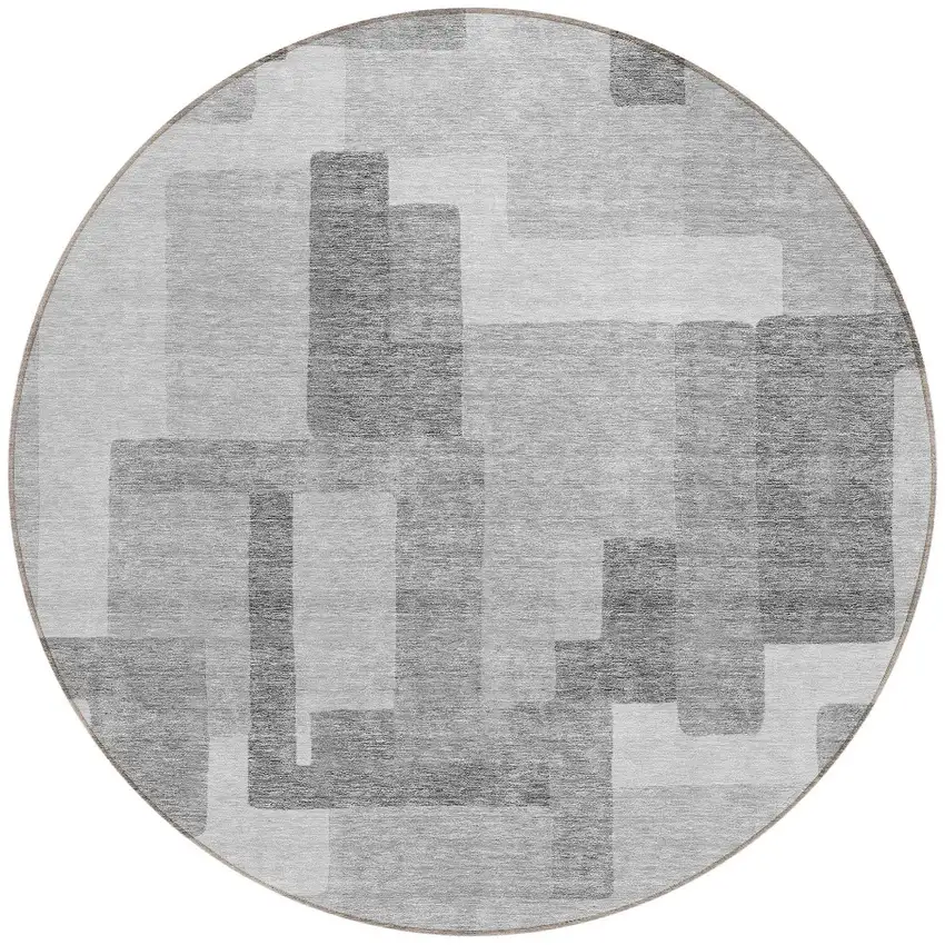 8' Silver And Charcoal Round Abstract Washable Indoor Outdoor Area Rug Photo 5