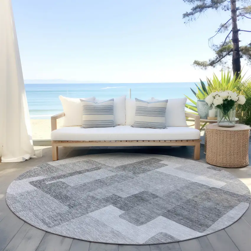 8' Silver And Charcoal Round Abstract Washable Indoor Outdoor Area Rug Photo 6