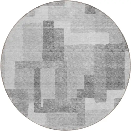 8' Silver And Charcoal Round Abstract Washable Indoor Outdoor Area Rug Photo 1