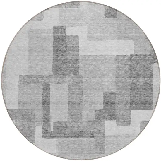 8' Silver And Charcoal Round Abstract Washable Indoor Outdoor Area Rug Photo 1