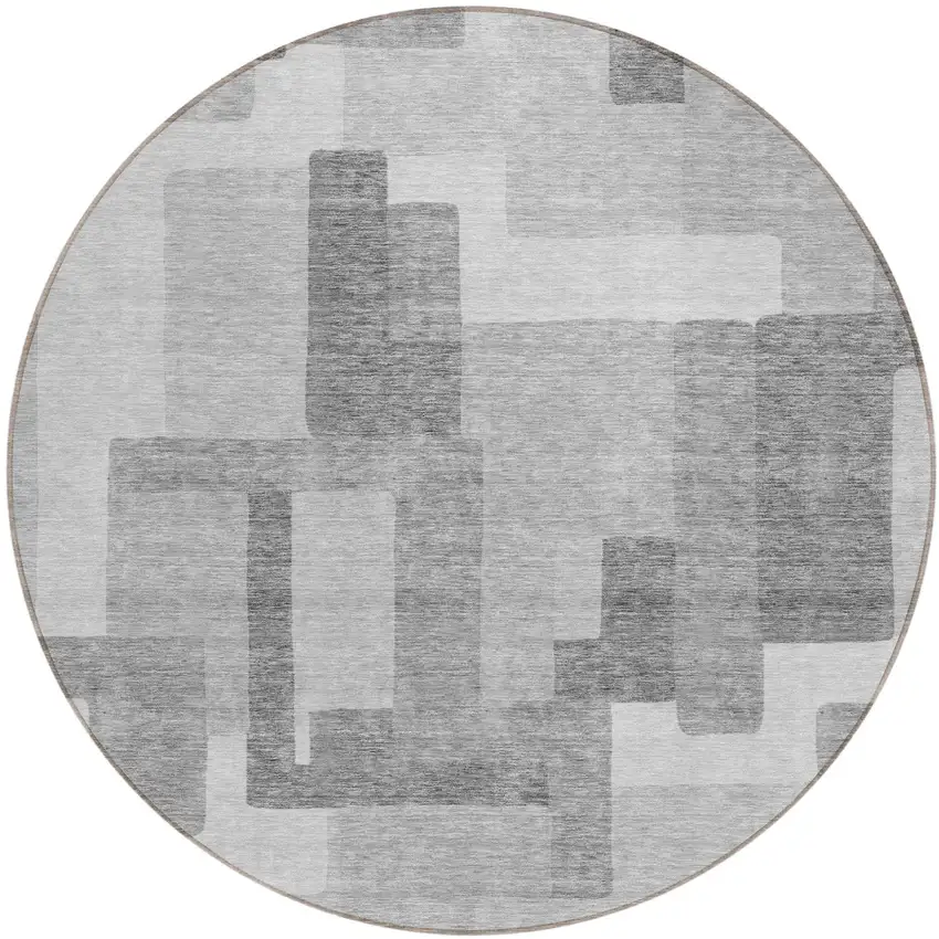 8' Silver And Charcoal Round Abstract Washable Indoor Outdoor Area Rug Photo 1