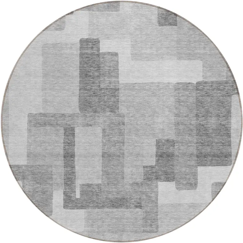 8' Silver And Charcoal Round Abstract Washable Indoor Outdoor Area Rug Photo 1
