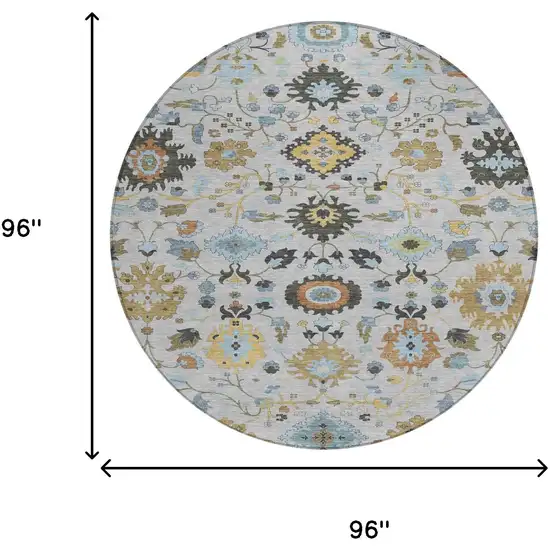 8' Silver And Charcoal Round Floral Medallion Washable Indoor Outdoor Area Rug Photo 8