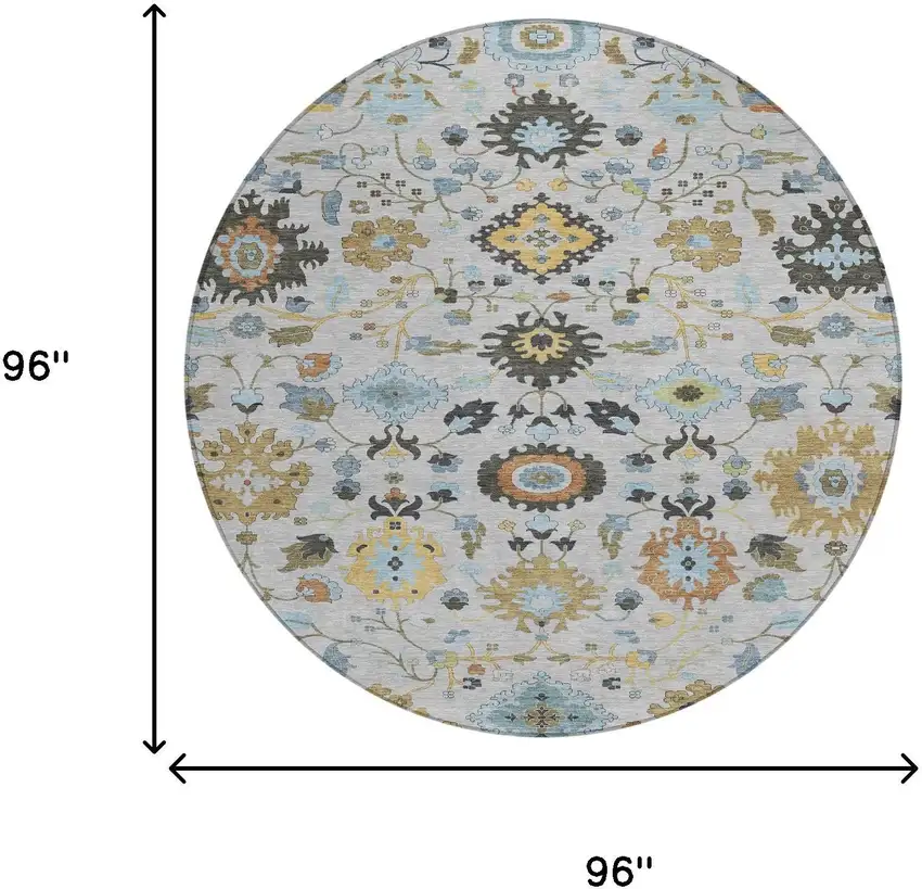 8' Silver And Charcoal Round Floral Medallion Washable Indoor Outdoor Area Rug Photo 8