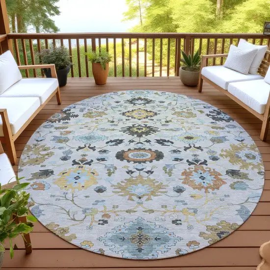 8' Silver And Charcoal Round Floral Medallion Washable Indoor Outdoor Area Rug Photo 4