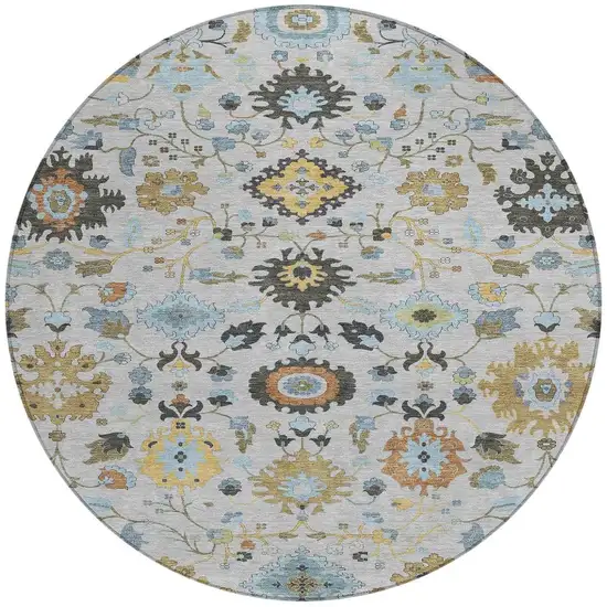 8' Silver And Charcoal Round Floral Medallion Washable Indoor Outdoor Area Rug Photo 3