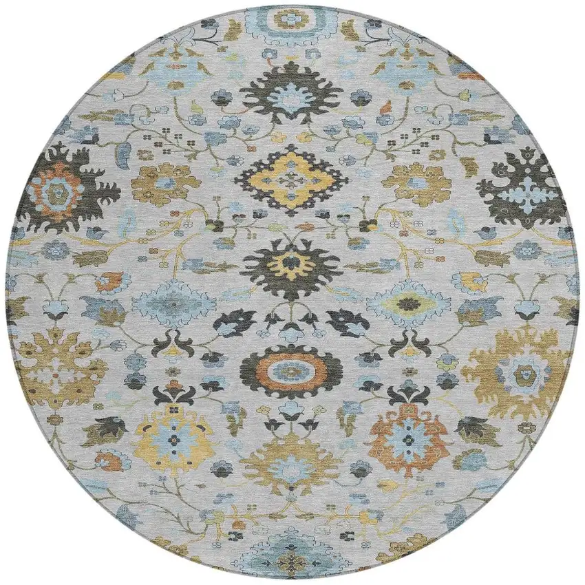 8' Silver And Charcoal Round Floral Medallion Washable Indoor Outdoor Area Rug Photo 3