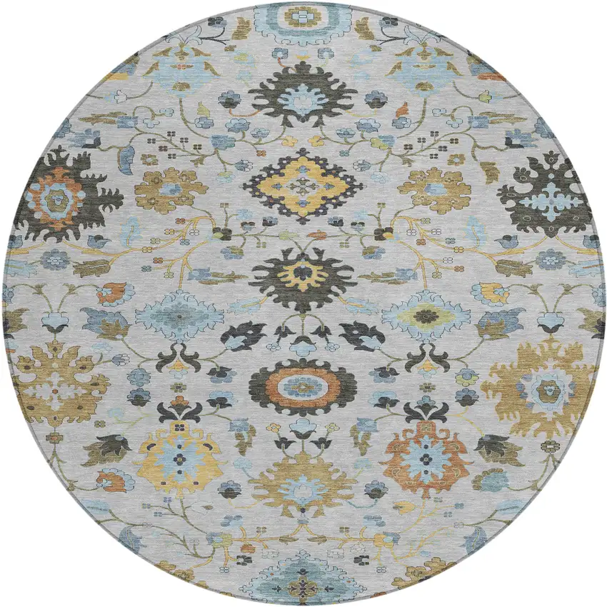 8' Silver And Charcoal Round Floral Medallion Washable Indoor Outdoor Area Rug Photo 1