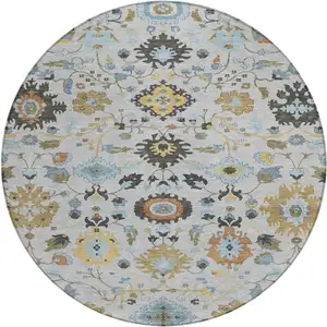 Photo of 8' Silver And Charcoal Round Floral Medallion Washable Indoor Outdoor Area Rug