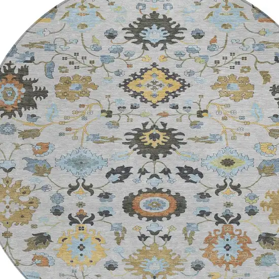 8' Silver And Charcoal Round Floral Medallion Washable Indoor Outdoor Area Rug Photo 2