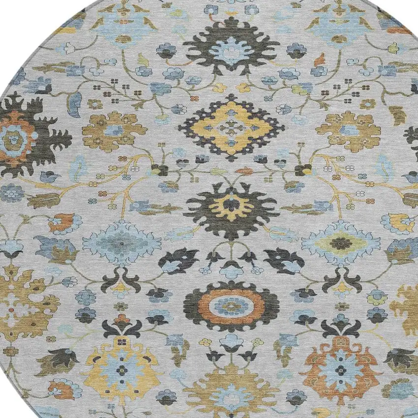 8' Silver And Charcoal Round Floral Medallion Washable Indoor Outdoor Area Rug Photo 2