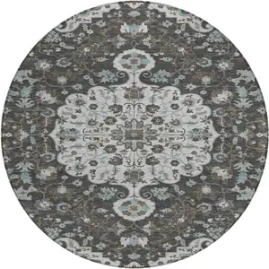 Photo of 8' Silver And Charcoal Round Floral Medallion Washable Indoor Outdoor Area Rug