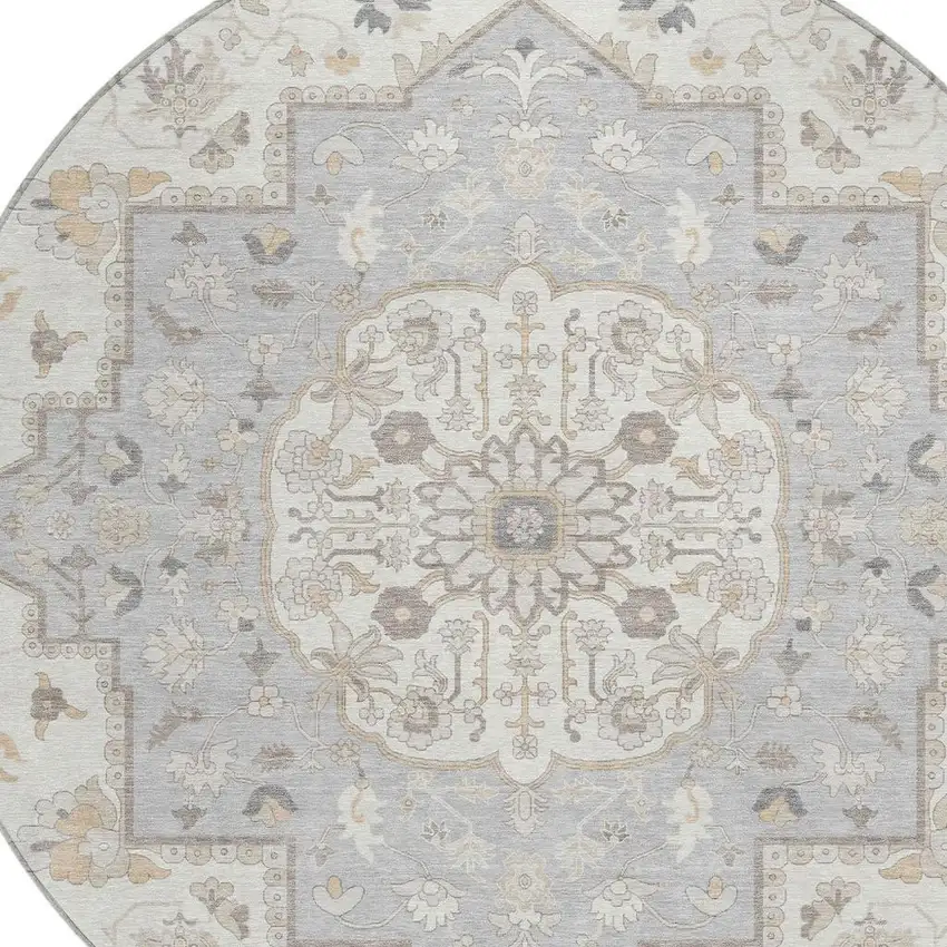 8' Silver And Fern Green Round Oriental Washable Indoor Outdoor Area Rug Photo 5
