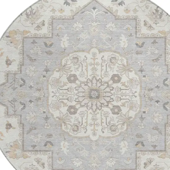 8' Silver And Fern Green Round Oriental Washable Indoor Outdoor Area Rug Photo 5