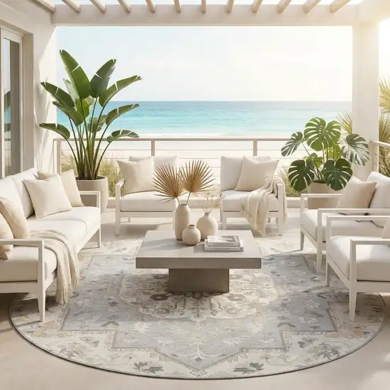 8' Silver And Fern Green Round Oriental Washable Indoor Outdoor Area Rug Photo 1