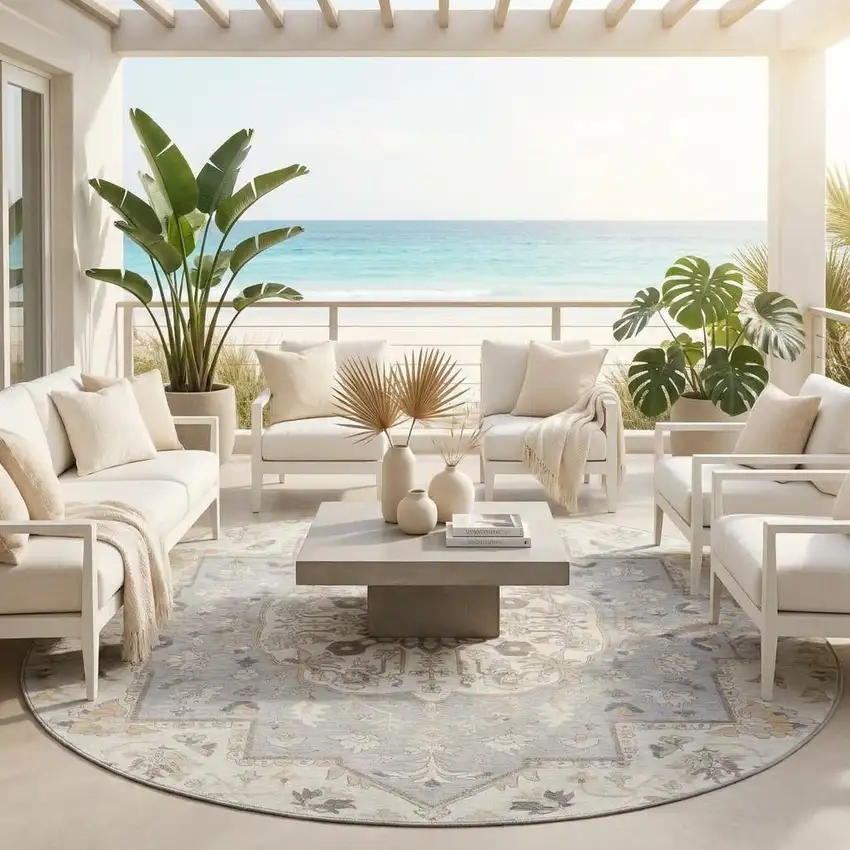 8' Silver And Fern Green Round Oriental Washable Indoor Outdoor Area Rug Photo 1
