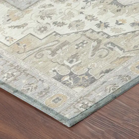 8' Silver And Fern Green Round Oriental Washable Indoor Outdoor Area Rug Photo 6