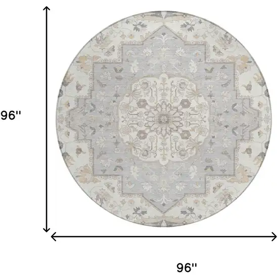 8' Silver And Fern Green Round Oriental Washable Indoor Outdoor Area Rug Photo 8