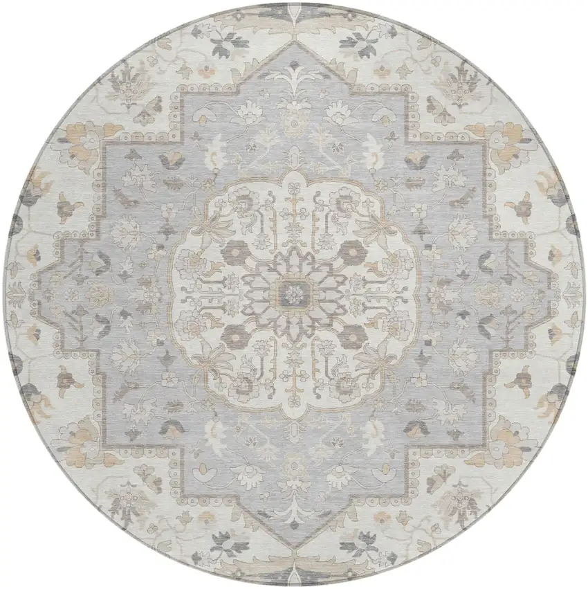 8' Silver And Fern Green Round Oriental Washable Indoor Outdoor Area Rug Photo 2