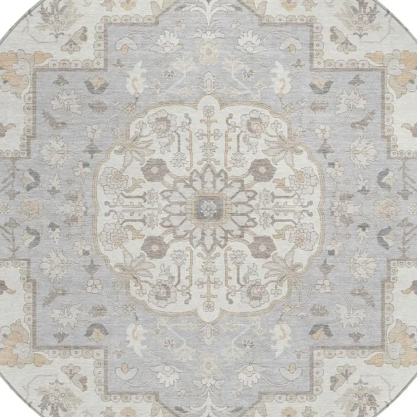 8' Silver And Fern Green Round Oriental Washable Indoor Outdoor Area Rug Photo 4